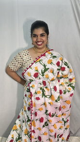 Vriksham White With Floral Print Cotton Mulmul Saree With Pom Pom Lace-VS4435